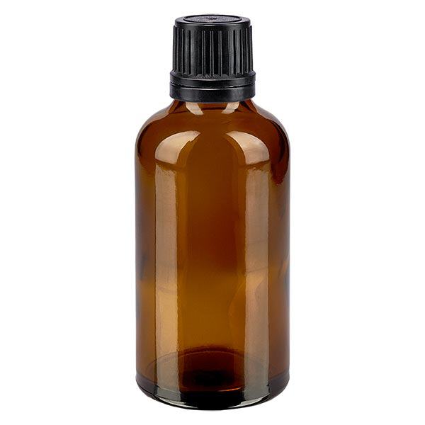 Bruine glazen fles 50ml met zwart druppelsluiting 1mm VR Bruine glazen fles 50ml met zwart druppelsluiting 1mm VR