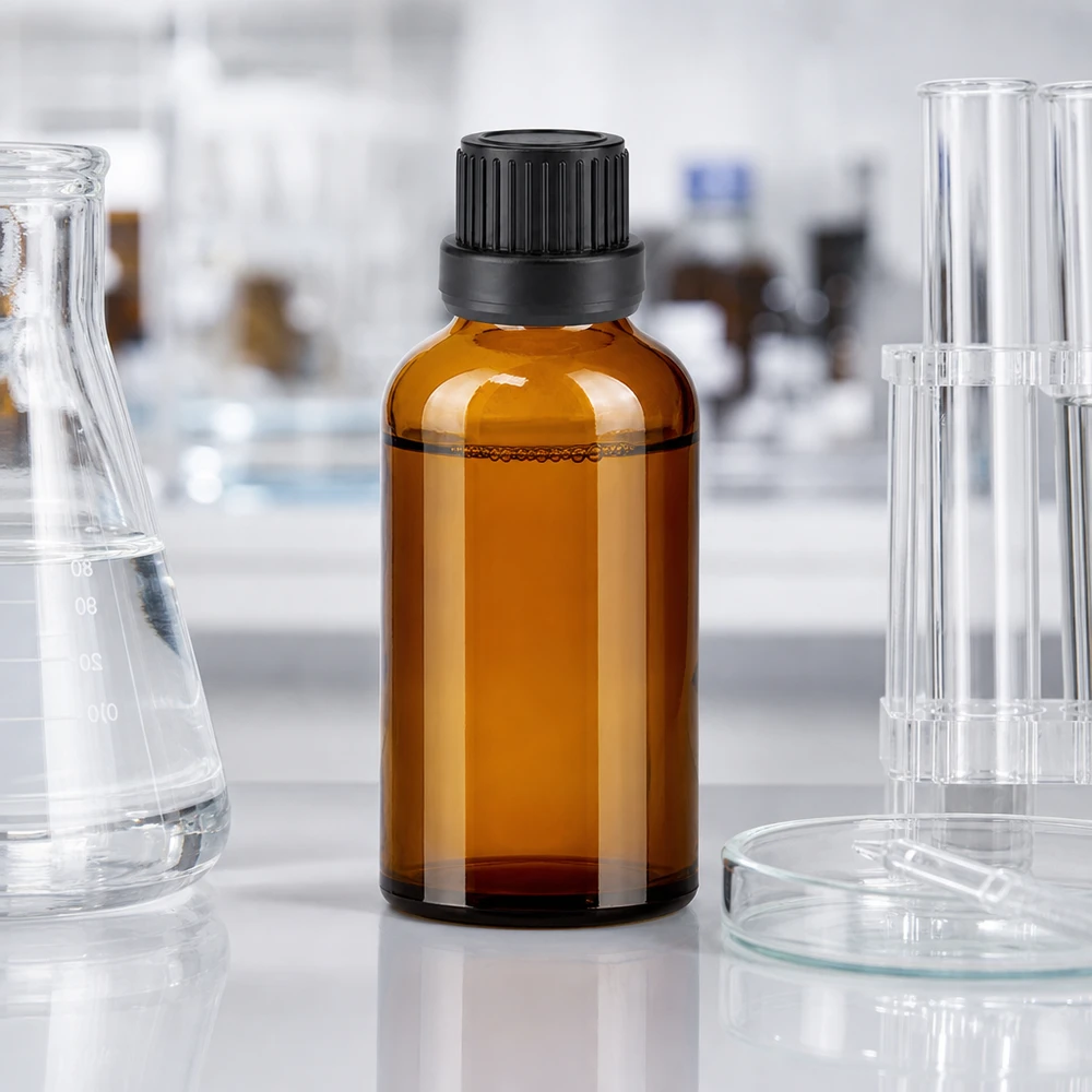 50ml druppelfles 2mm zwart OV BrownLine UT18/50 Medische 50ml druppelflacon van dik amberkleurig glas voor het veilig bewaren van actieve ingrediënten