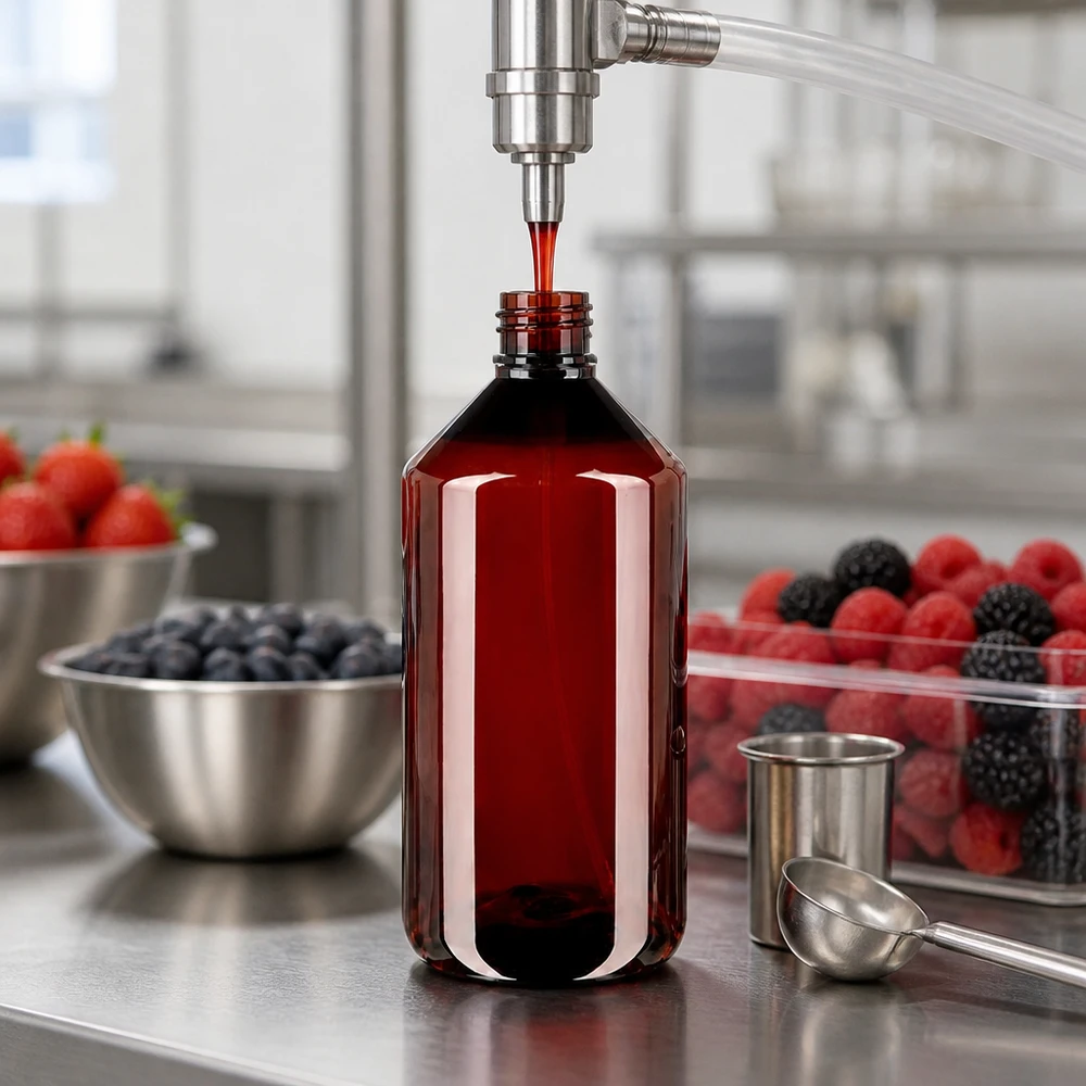 PET-fles 750 ml met verstuiver wit Stevige bruine PET-fles met brede hals van 750 ml, voorzien van een verstuiver, geschikt voor fruitconcentraten