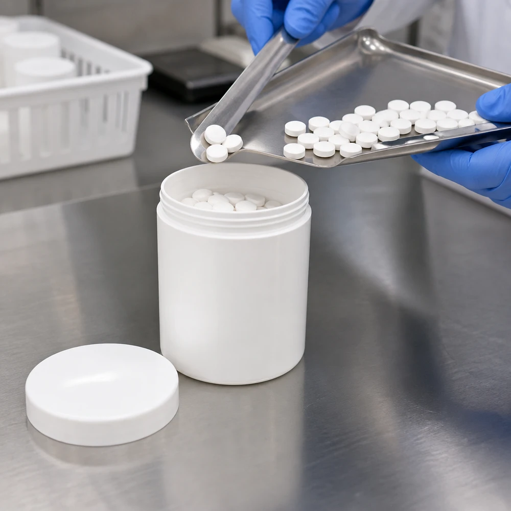 Het vullen van een PP-potje van 30 g met ronde witte tabletten met behulp van een roestvrijstalen schepje in het laboratorium
