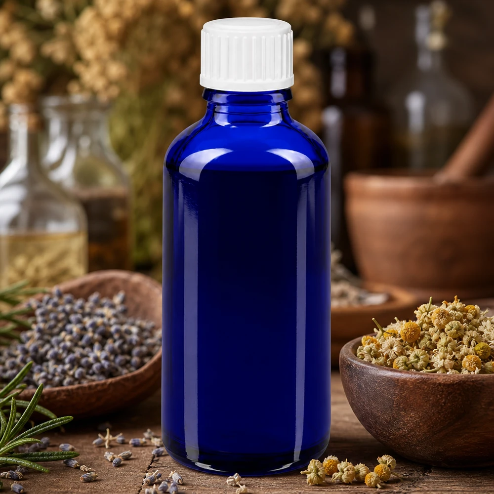 Blauwe glazen flessen 50ml met wit schroefsluiting globuli uitgietring St Ronde apothekersfles van 50 ml in blauw met takjes rozemarijn en gedroogde geneeskrachtige kruiden