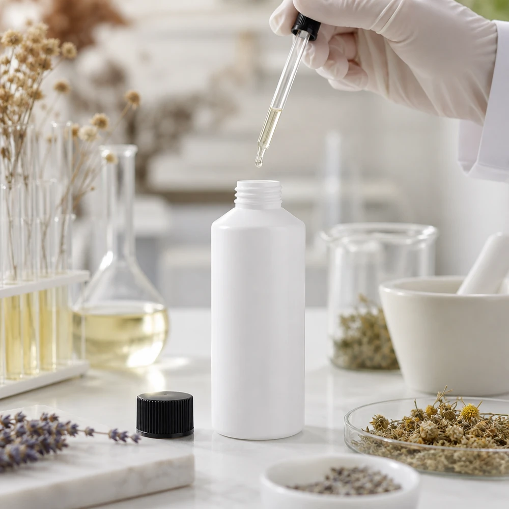 PET cilinderfles 100ml wit met schroefsluiting zwart Het vullen van een witte HDPE-fles van 100 ml voor farmaceutisch gebruik met etherische olie met behulp van een glazen pipet