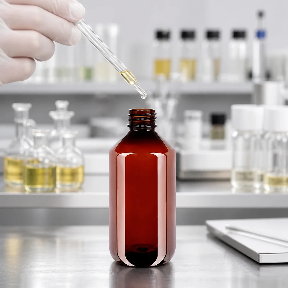Met handschoenen aan wordt een glazen pipet boven een geopende bruine PET-fles van 500 ml voor farmaceutische doeleinden gehouden