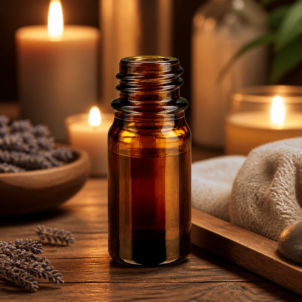 5ml bruin apothekersflesje ApoGlas in warm kaarslicht met handdoek en spa-decoratie op houten tafel