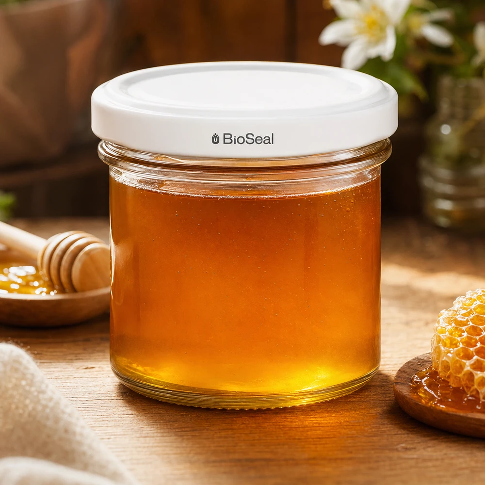 125ml bekers met BioSeal deksel wit UNiTWIST UNiTWIST bekers 125ml gevuld met honing wit TO66 BioSeal deksel honingpot honingraat houten tafel naturel