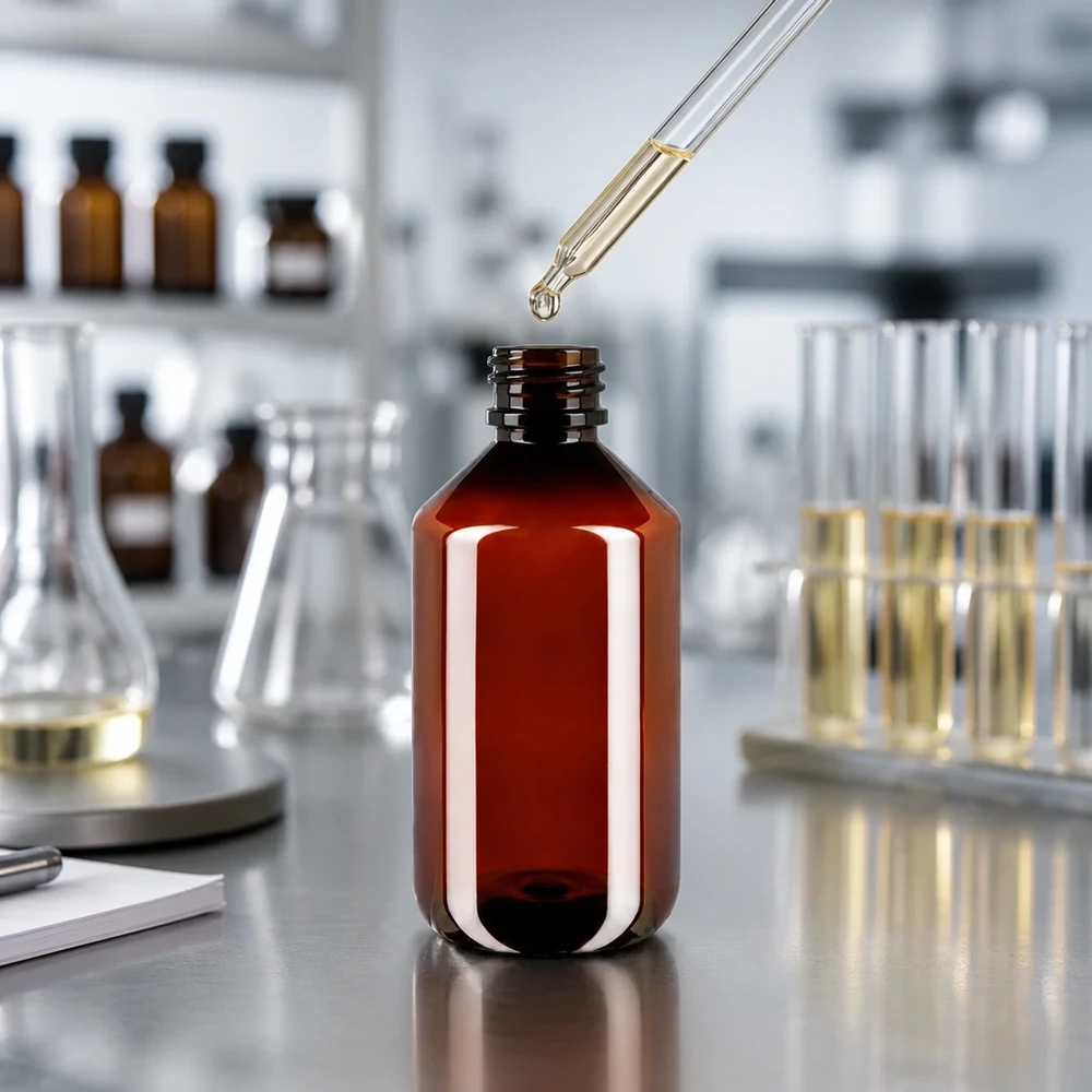 50 ml PET medicijnfles met verstuiver zwart GCMI 28/410 incl. dop transparant, standaard Bruine ronde PET-fles van 500 ml met UV-bescherming en groene originele dop voor laboratoriumchemicaliën