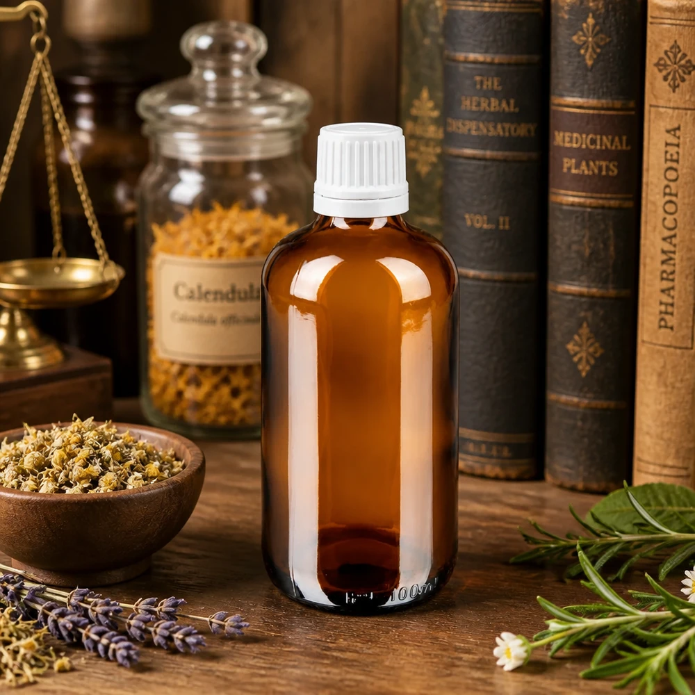 Bruine glazen fles 100ml met wit druppelsluiting 1.2mm VR Bruinglazen flesje van 100 ml met witte verzegeling, geïnspireerd op historische kruidenboeken en calendula