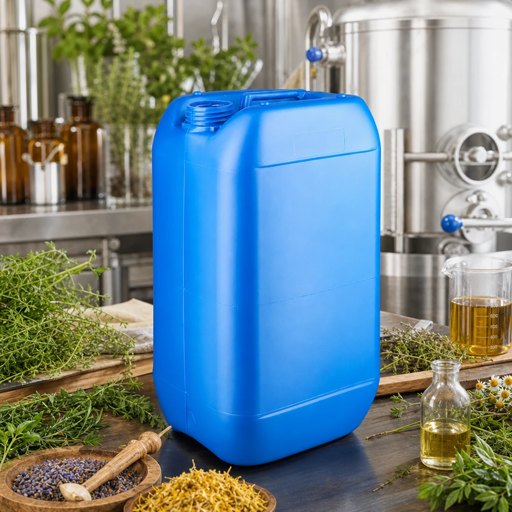 Industriële jerrycan van 15 liter, blauw, zonder dop, op een houten tafel naast een maatbeker en een distilleerinstallatie