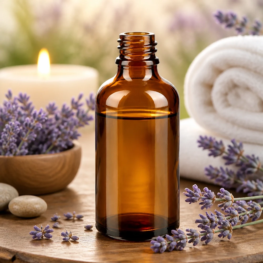 50ml bruine ApoGlas apothekersfles met aromatherapie-opstelling van lavendel en witte handdoeken op houten tafel