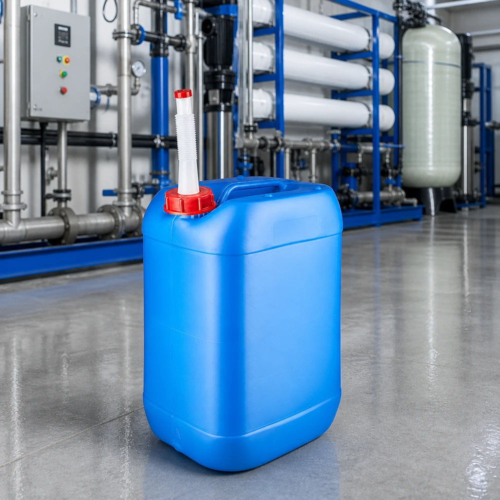 Navulbare blauwe jerrycan van 25 liter met een rode schroefdop en een witte buigbare tuit