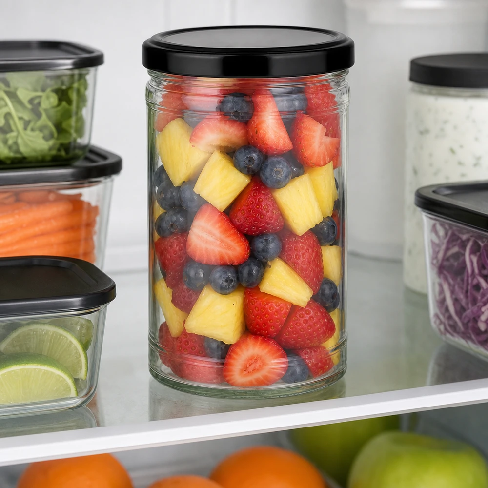 1053ml tuimelpot met zwart deksel vol fruitsalade in de koelkast naast andere voorraadpotten met groenten