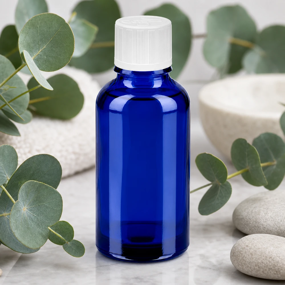 30ml fles 11mm SV w. STD KiSi BlueLine UT18/30 Klein blauw glazen flesje 30ml, perfect geportioneerd voor serums en geconcentreerde actieve ingrediënten