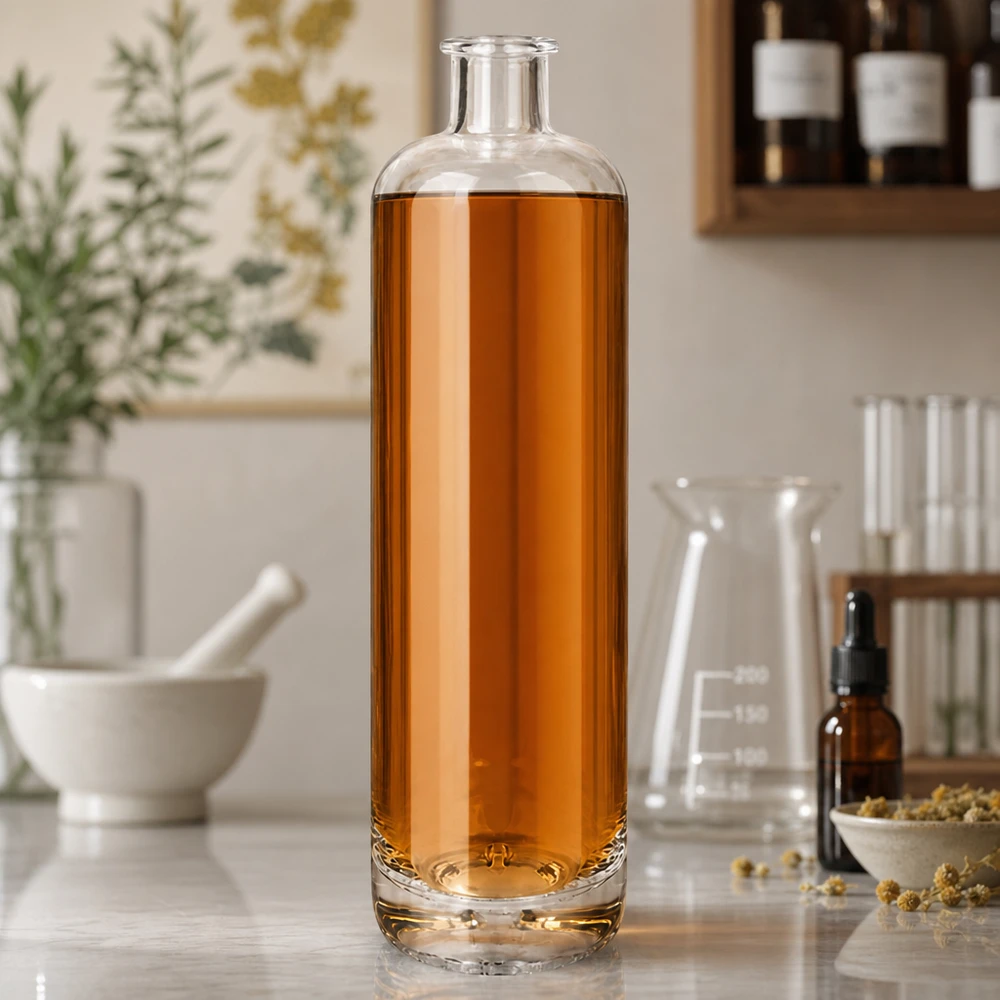 700 ml glazen fles Ella zonder sluiting UNiTWIST® 700ml Ella glazen fles gevuld met amberkleurige vloeistof tussen laboratoriumglaswerk en gedroogde kruiden