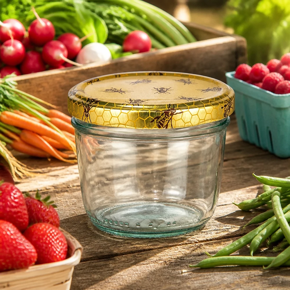 230ml bekers met BasicSeal deksel Honingraat UNiTWIST 230 ml bekers met honingraatdeksels omringd door vers fruit en groenten op een rustieke houten tafel