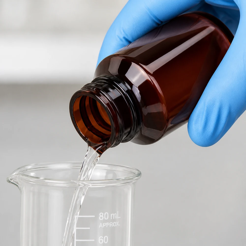 Chemicaliënbestendige ronde PET-fles van 50 ml, bruin met blauwe buitenverpakking, voor laboratoriumgebruik met beschermende handschoenen