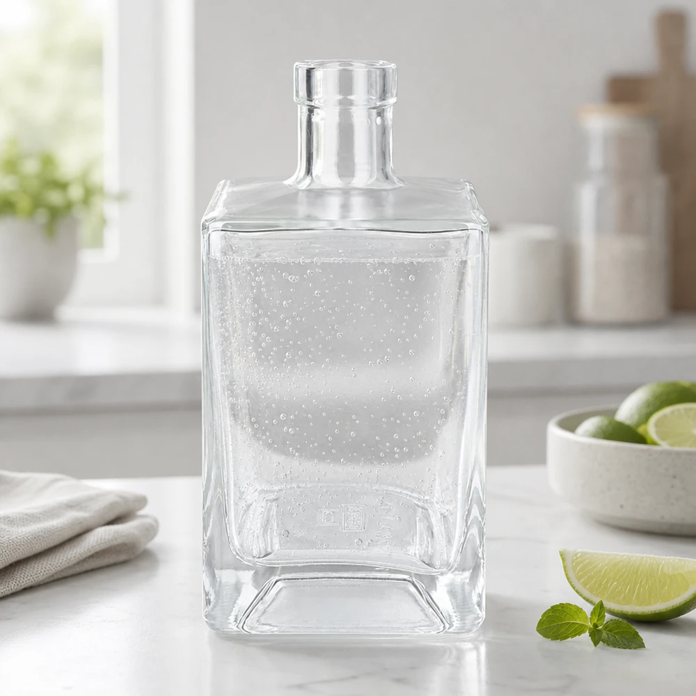 700 ml glazen Ben-fles gevuld met mineraalwater verfrissend in moderne keukens naast limoenen en munt