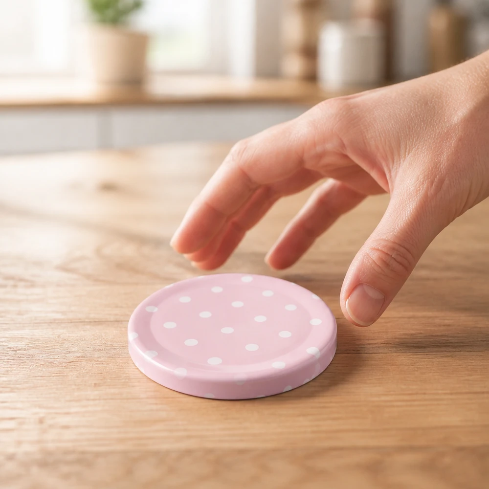 58 mm BasicSeal-deksel met stippen, roze mat (TO58) UNiTWIST UniTwist BasicSeal 58 mm deksel, matroze met stippen, close-up, keuken, houten tafel, positie van het handvat