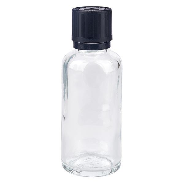 Helder glazen flessen 30ml met zwart druppelsluiting 1mm kinderslot Bliwa VR Helder glazen flessen 30ml met zwart druppelsluiting 1mm kinderslot Bliwa VR