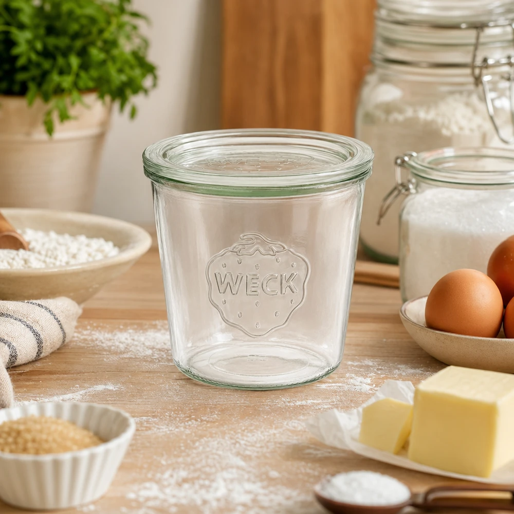 WECK 580 ml beker RR100 leeg op houten werkblad tussen bakingrediënten zoals bloem, eieren en boter in de keuken