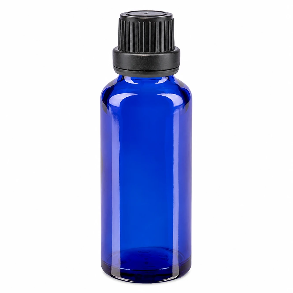 Blauw apothekersflesje van 30 ml met zwarte originaliteitssluiting, ideaal voor de farmacie en cosmetica