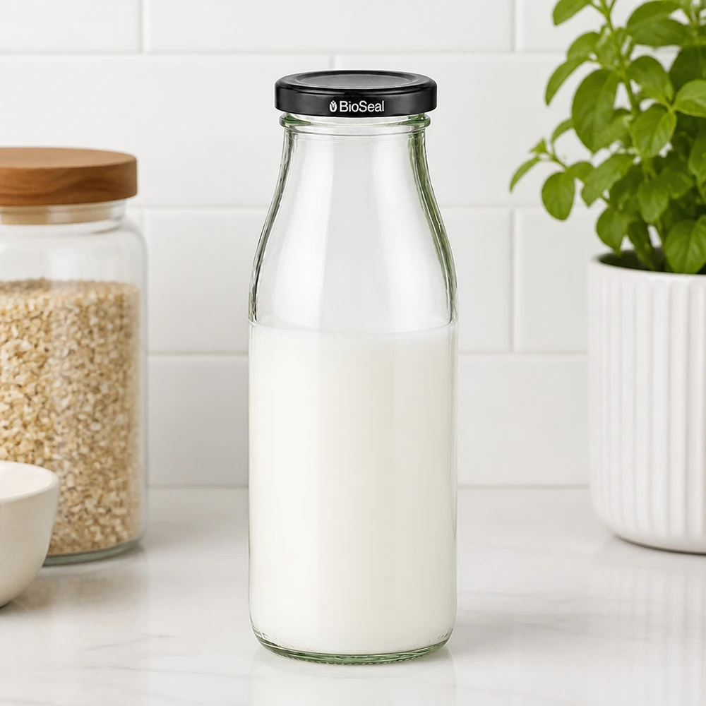 Glazen fles van 500 ml gevuld met melk en zwart BioSeal deksel op keukenblad naast voorraadpotten