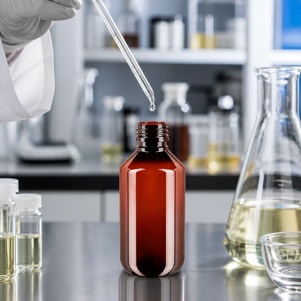 PET fles 200ml PP28 zonder dop Amberkleurige PET-verpakking van 200 ml zonder deksel met PP28-schroefdraad, omringd door laboratoriumbenodigdheden
