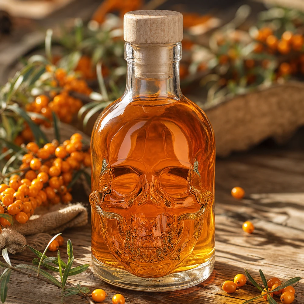200 ml glazen fles Jack met houten kurk UNiTWIST® Amberkleurige 200 ml Jack glazen fles met schedel in reliëf tussen duindoornbessen op een rustieke houten tafel
