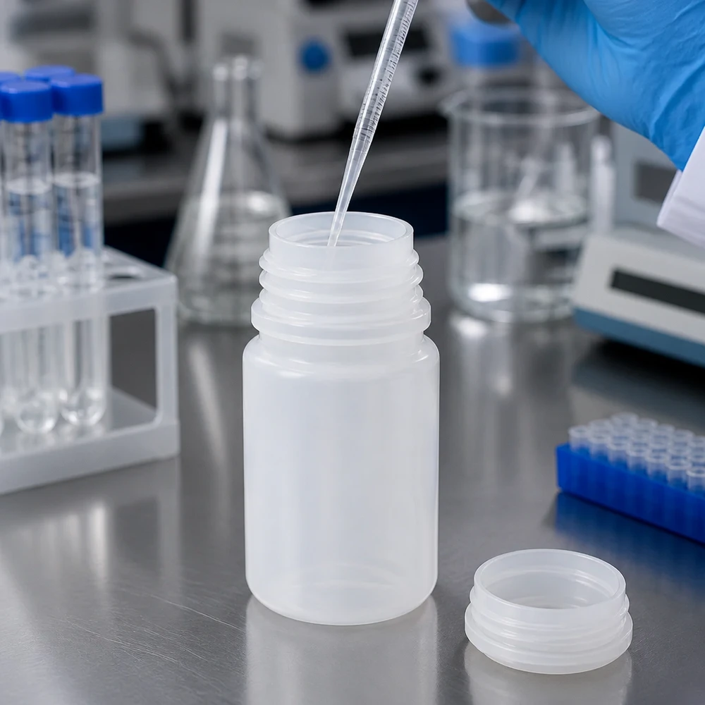 Proefflesje van 50 ml met brede hals zonder dop, tijdens het vullen met een maatpipet en handschoen