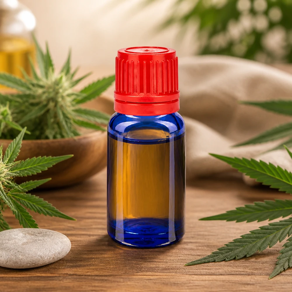 10ml UV-beschermend glazen flesje blauw met rode verzegelstop voor lichtgevoelige stoffen