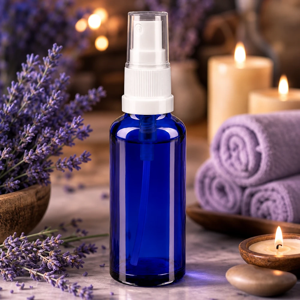 Blauwe glazen flessen 10ml met zwart pompverstuiver Kleine blauwe verstuiverflesje van 10 ml, ideaal voor etherische oliën en aromatherapie