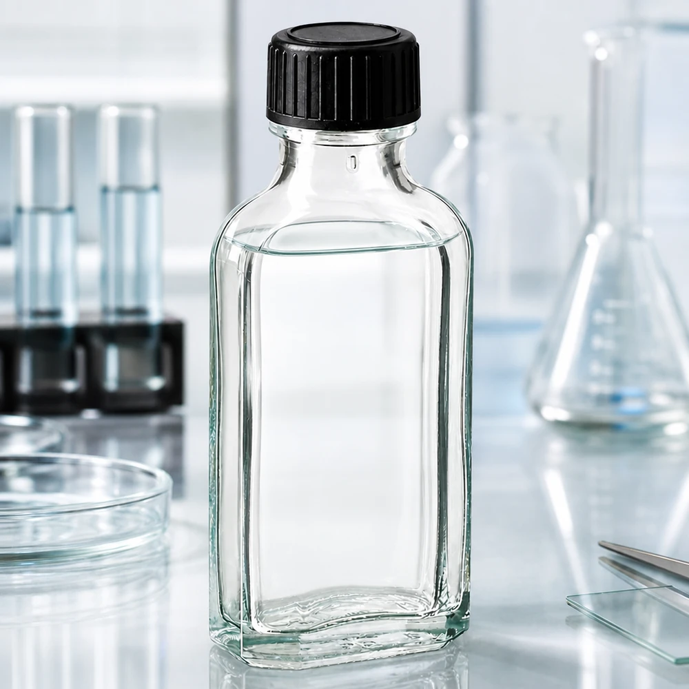 50 ml witte meplatfles met DIN 22 monding, inclusief schroefsluiting DIN 22 zwart van LKD Lege, heldere Meplat-glazen fles van 50 ml met zwarte kunststof dop voor het bewaren van monsters