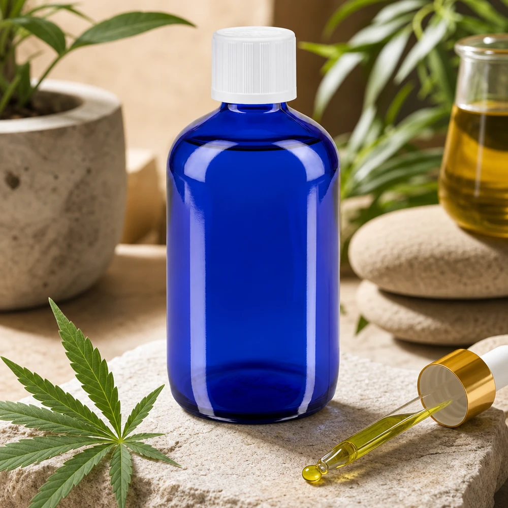 Blauwe glazen flessen 100ml met wit druppelsluiting kinderslot St Blauwe glazen fles van 100 ml met witte KiSi-dop voor CBD-olie en natuurlijke extracten