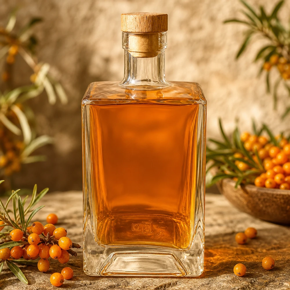 700 ml glazen fles Ben met houten kurk UNiTWIST® 700 ml glazen fles Ben gevuld met oranje duindoornlikeur tussen duindoornbessen natuurlijke decoratie UNiTWIST Ho