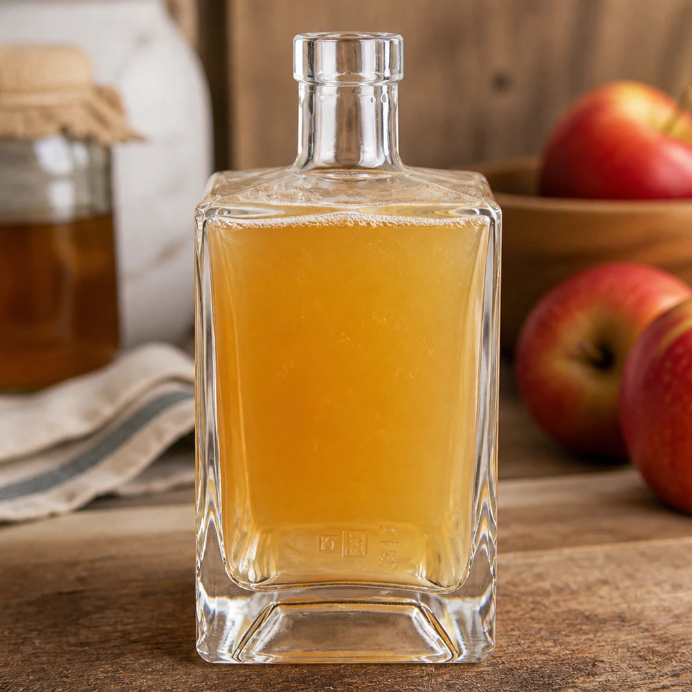 700 ml glazen fles Ben zonder sluiting UNiTWIST® 700ml glazen fles Ben gevuld met appelsap naast rode appels op houten plank natuurlijke keukensfeer