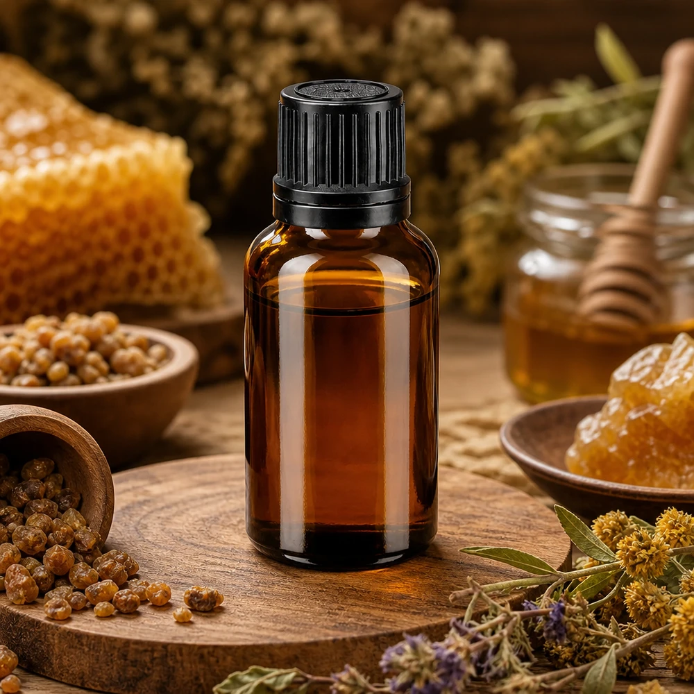 Lichtbestendige fles van 20 ml, bruin met zwarte originele dop, ideaal voor propolis en natuurlijke extracten