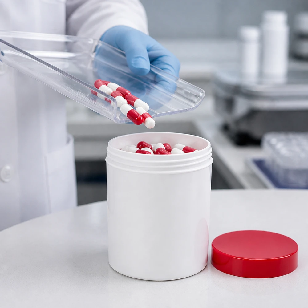 Witte PP-pot van 20 g met rode schroefdop, GMP-conform en geschikt voor steriele farmaceutische omgevingen