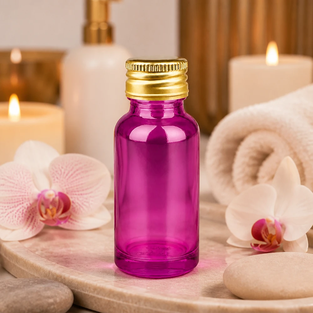 20ml premium violet glazen flesje met goudkleurig aluminium deksel voor natuurlijke cosmetica en oliën
