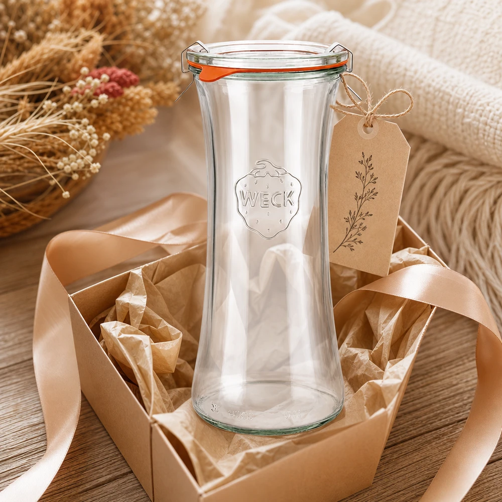 WECK delicatessenpot 700ml RR80 geschenkverpakking met strik en label in rustieke decoratie