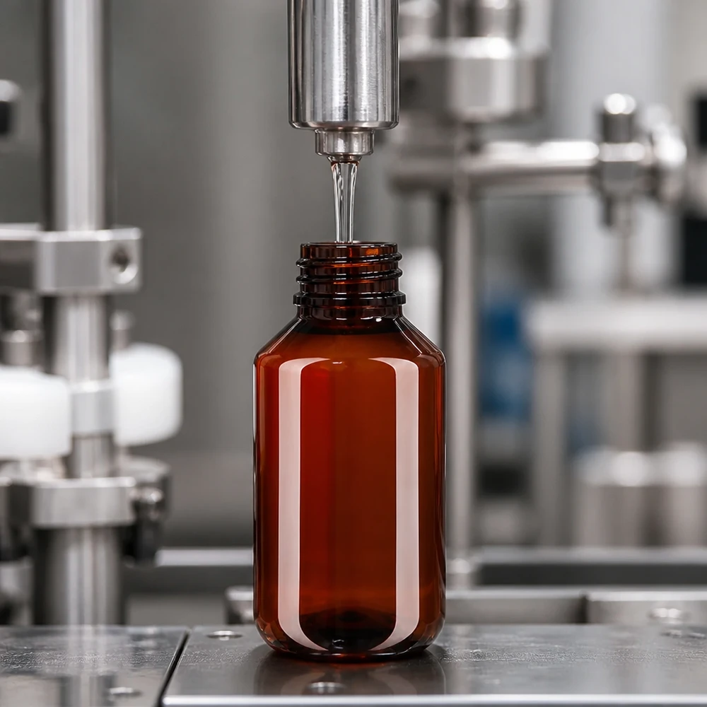 PET-fles 100ml met witte standaard OV Vervulling volgens farmaceutische normen in een bruine PET-fles van 100 ml met een fraudebestendige originele sluiting