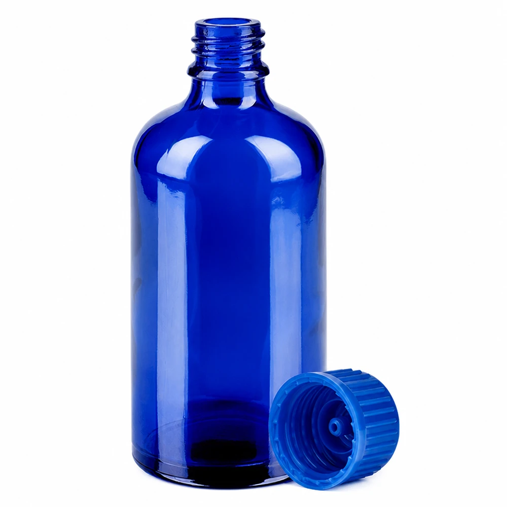 Compacte 100ml fles in blauw met nauwkeurig 11mm sluitsysteem