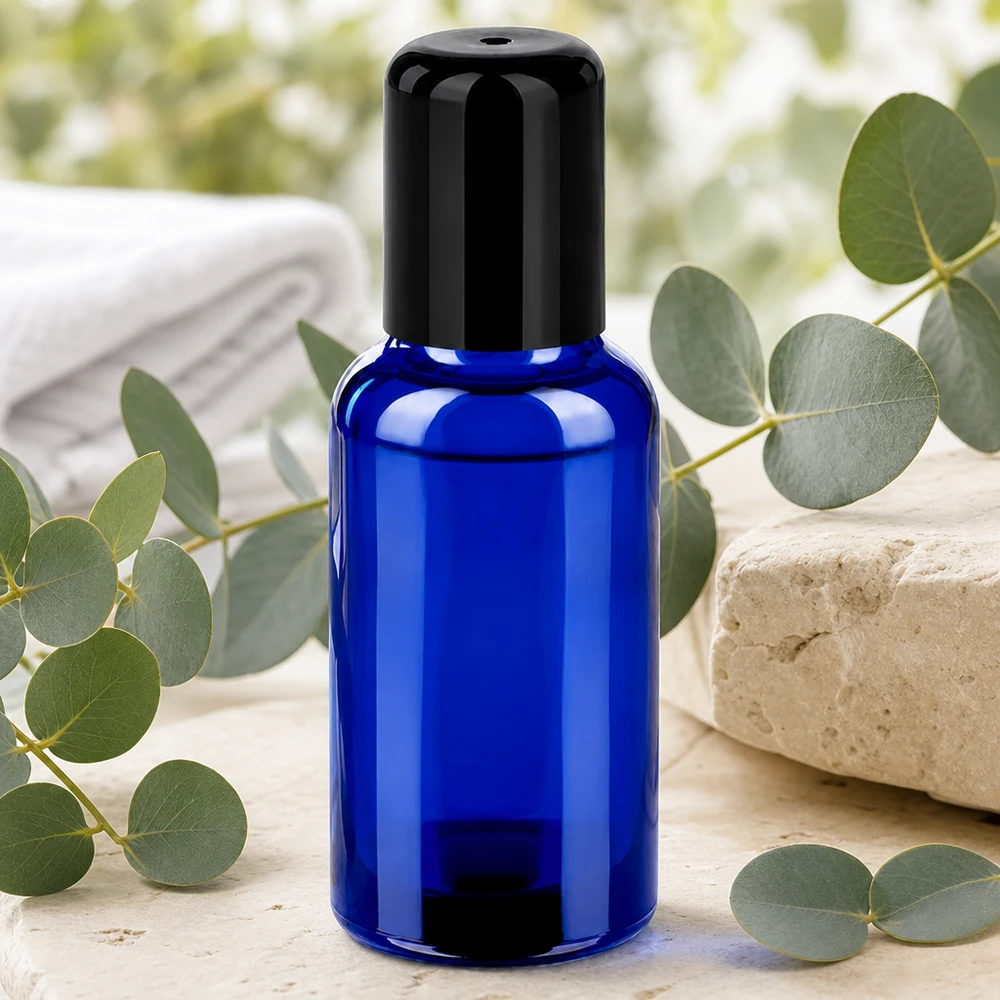 30ml flacon roll-on zwart STD BlueLine UT18/30 Professionele glazen fles van 30 ml met roll-on systeem UT18/30 voor schoonheidssalons en therapeuten