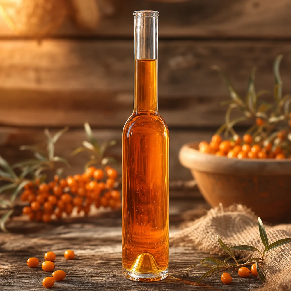 200ml glazen fles Hugo sinaasappel gevuld met duindoornlikeur duindoornbessen houten achtergrond natuurlijke ingrediënten