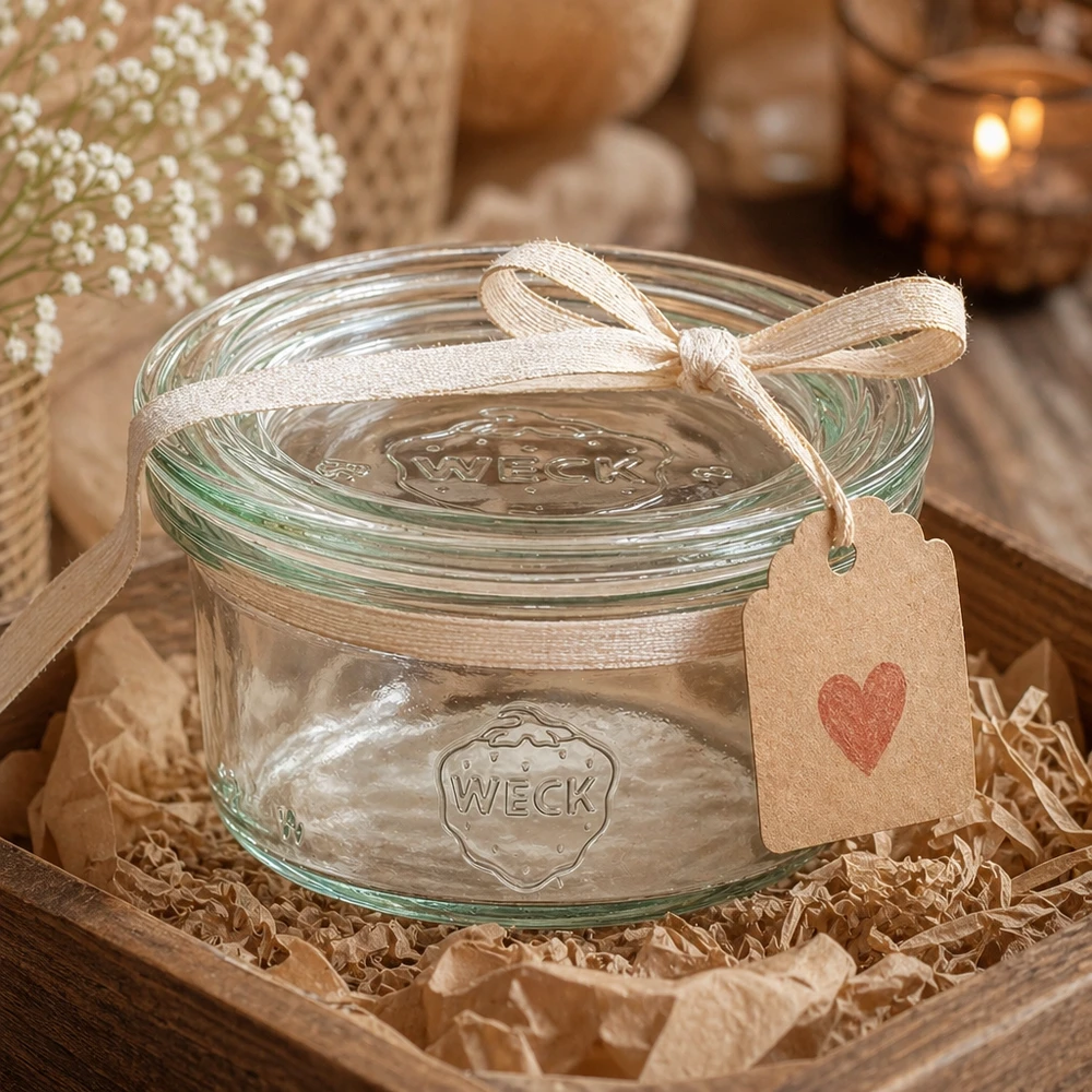 WECK bekers 50ml gepresenteerd als een decoratief geschenk met lint en hart hanger in een rustieke sfeer