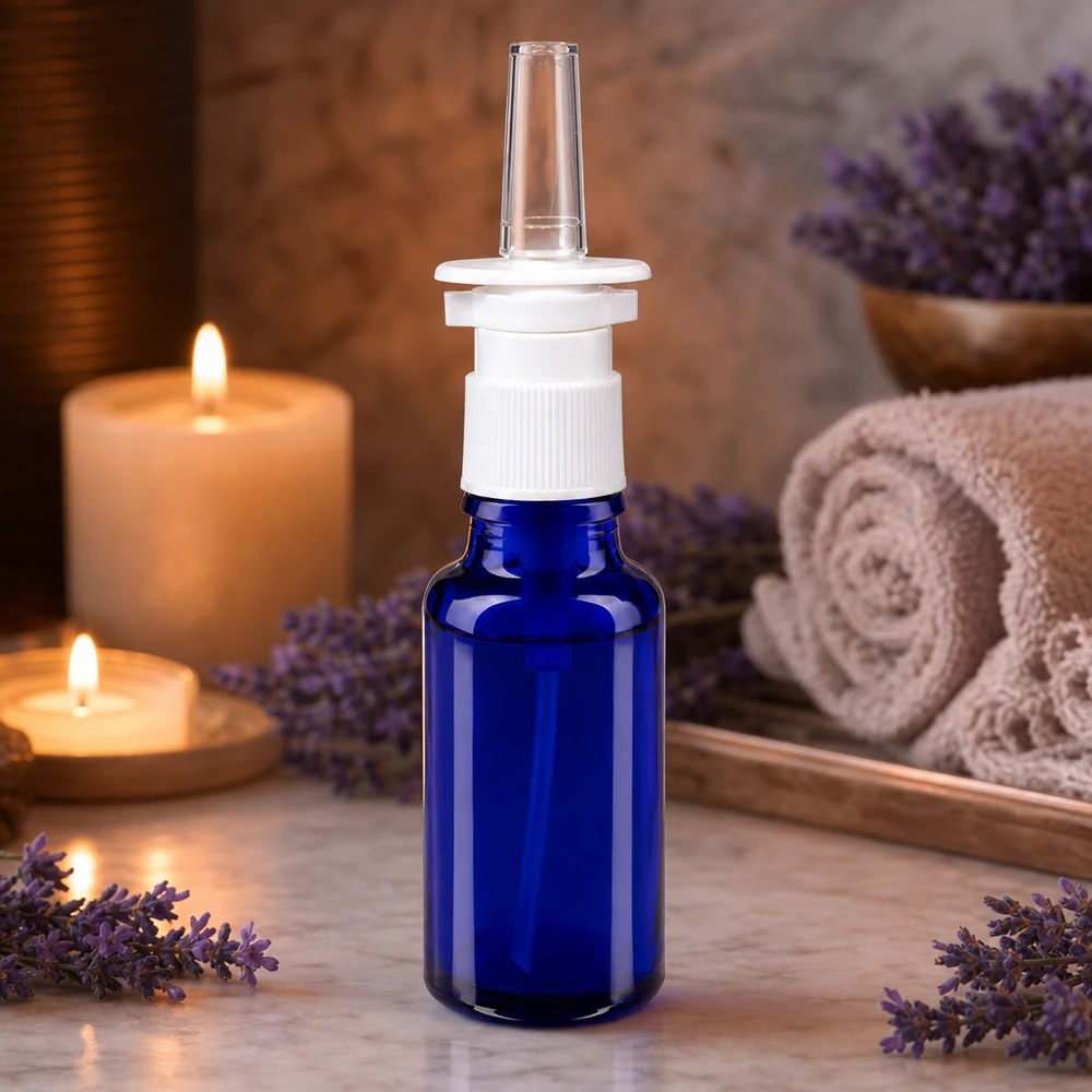 Neussprayflesje van 20 ml, apothekersglas, kobaltblauw, met ergonomische pomp en neusverwijderaar
