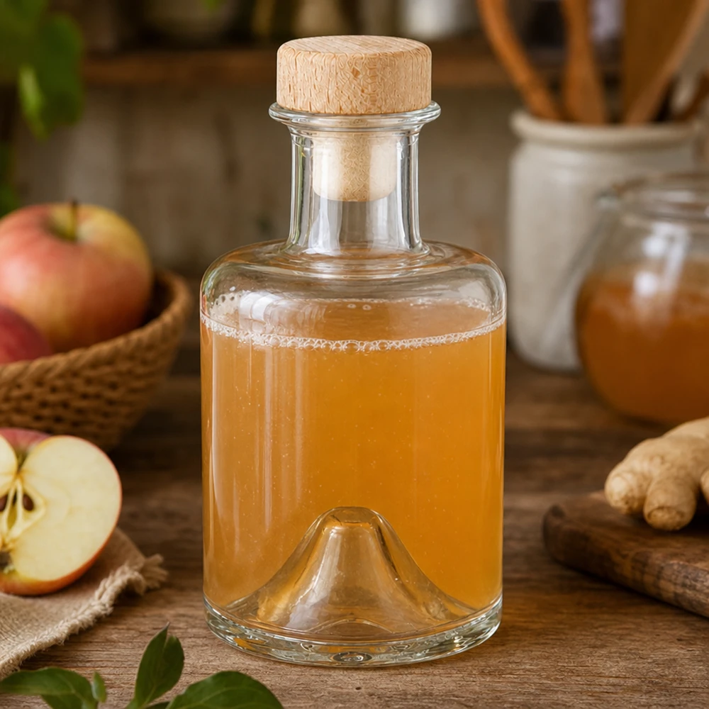 200 ml apothekersfles Sofia met houten handvat en kurk UNiTWIST® 200ml Sofia glazen fles met houten kurk gevuld met appelciderazijn naast appel en gember in een natuurlijk keukentafereel