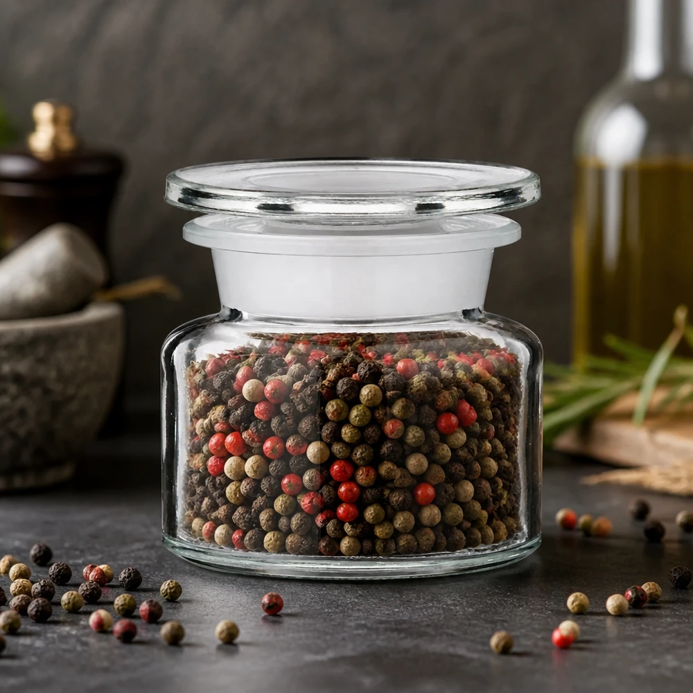Apothekersflesje met brede hals, 50 ml, helder glas, gebruikt als peperbus met decoratieve bonte peper