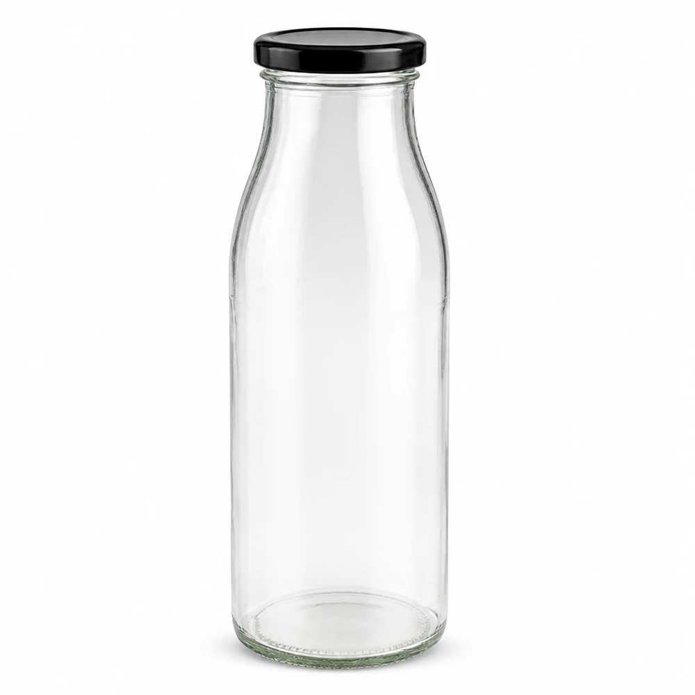 500ml glazen fles met zwart BasicSeal deksel UN-gecertificeerd transparant leeg staand product foto