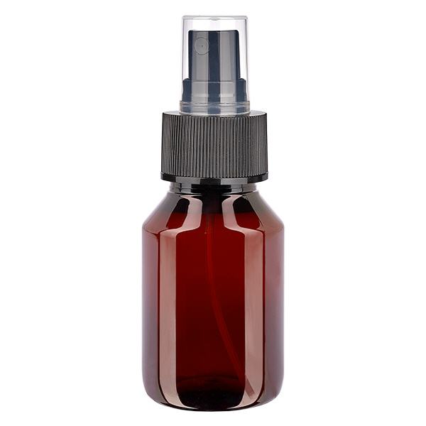 50 ml PET medicijnfles met verstuiver zwart GCMI 28/410 incl. dop transparant, standaard 50 ml PET medicijnfles met verstuiver zwart GCMI 28/410 incl. dop transparant, standaard