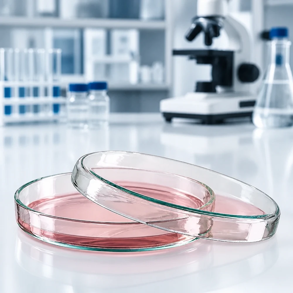 Glazen petrischaal van 90 x 15 mm voor celculturen, met een microscoop en laboratoriumflessen op de achtergrond