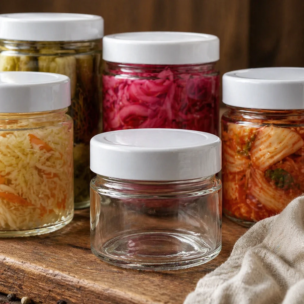 80ml rond potje leeg met wit BasicSeal deksel naast potjes gevuld met ingemaakte groenten en gefermenteerd voedsel